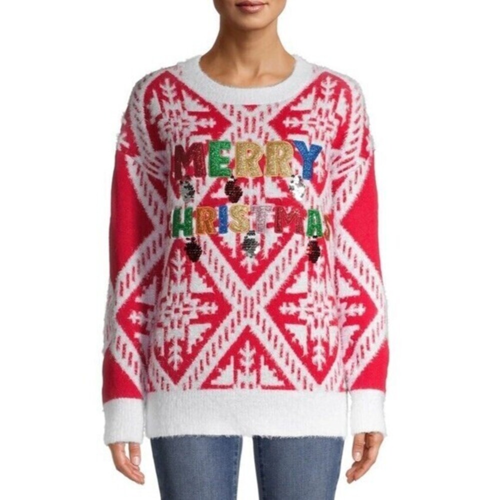 Ugly Christmas Sweater Embroidery Sequin Snowflake Print Sz M